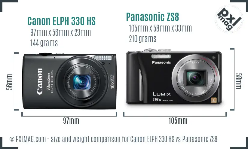 Canon ELPH 330 HS vs Panasonic ZS8 size comparison