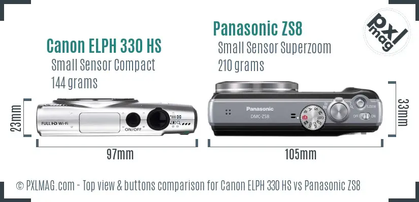 Canon ELPH 330 HS vs Panasonic ZS8 top view buttons comparison