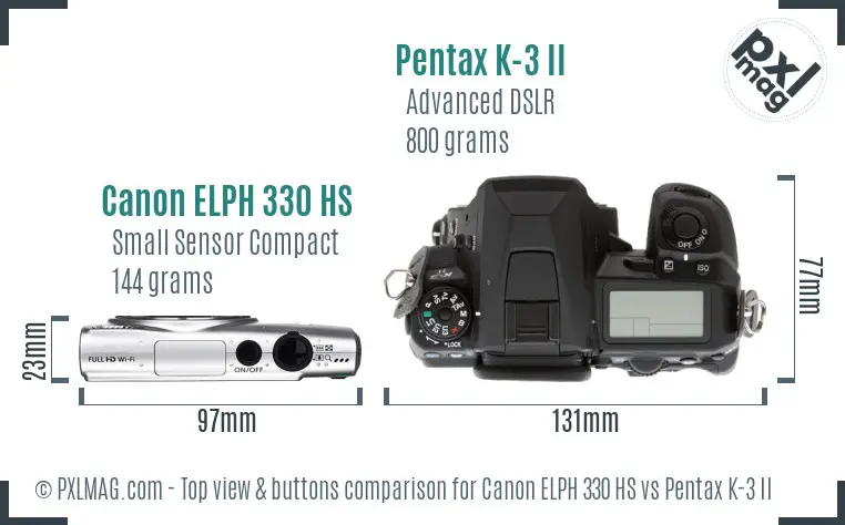 Canon ELPH 330 HS vs Pentax K-3 II top view buttons comparison