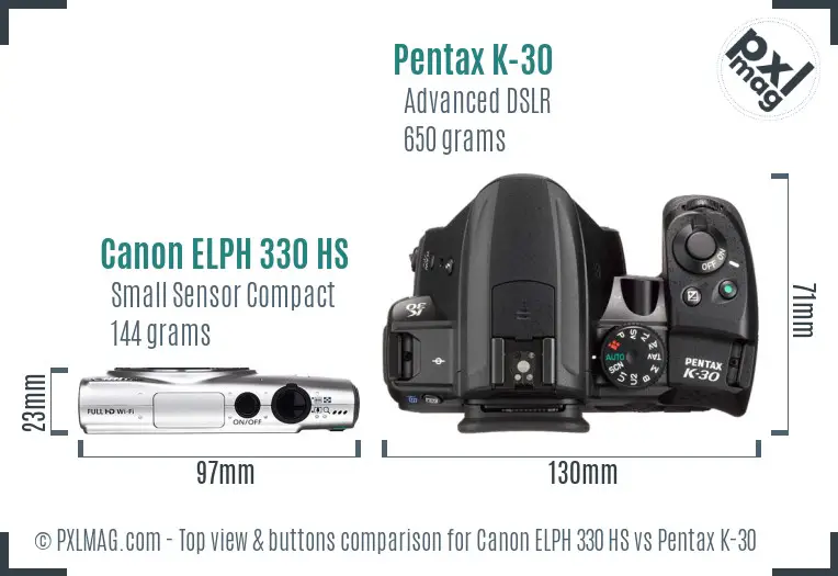 Canon ELPH 330 HS vs Pentax K-30 top view buttons comparison