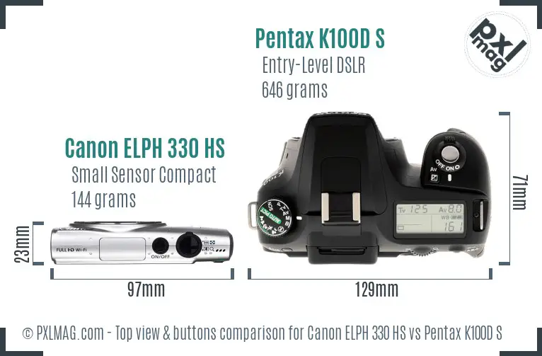 Canon ELPH 330 HS vs Pentax K100D S top view buttons comparison