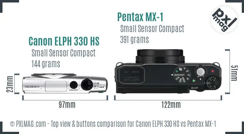 Canon ELPH 330 HS vs Pentax MX-1 top view buttons comparison