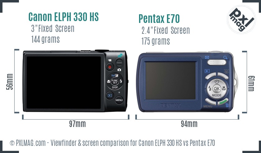 Canon ELPH 330 HS vs Pentax E70 Screen and Viewfinder comparison