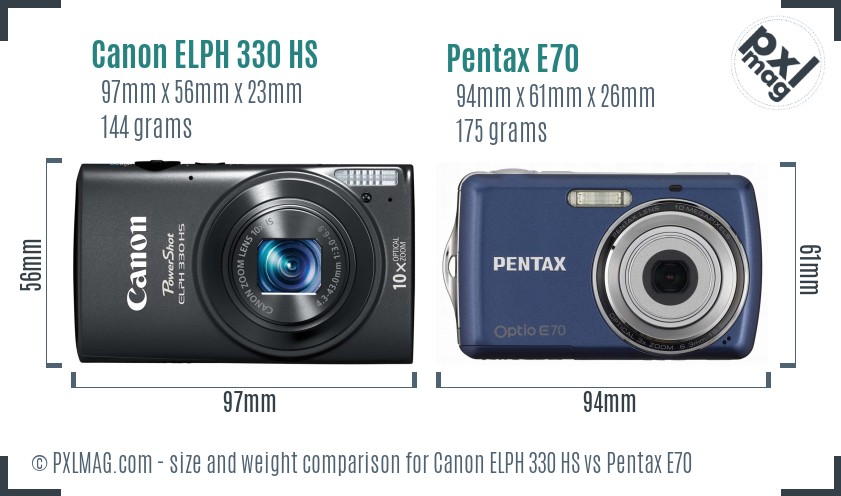 Canon ELPH 330 HS vs Pentax E70 size comparison Canon ELPH 330 HS vs Pentax E70 size comparison
