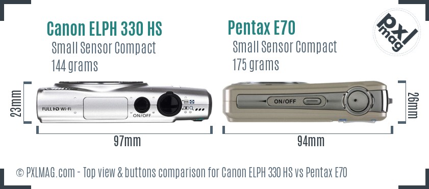Canon ELPH 330 HS vs Pentax E70 top view buttons comparison