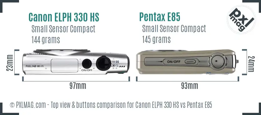 Canon ELPH 330 HS vs Pentax E85 top view buttons comparison