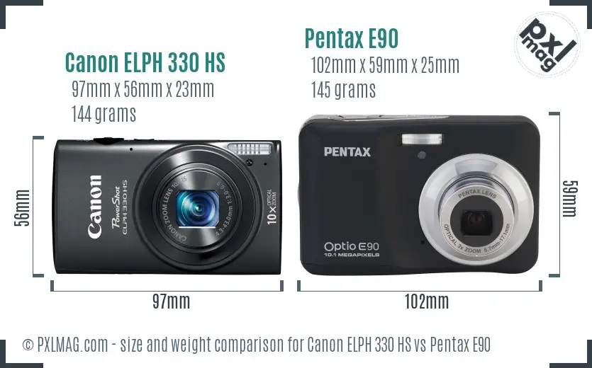 Canon ELPH 330 HS vs Pentax E90 size comparison