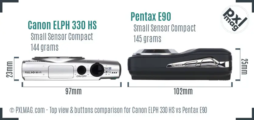 Canon ELPH 330 HS vs Pentax E90 top view buttons comparison