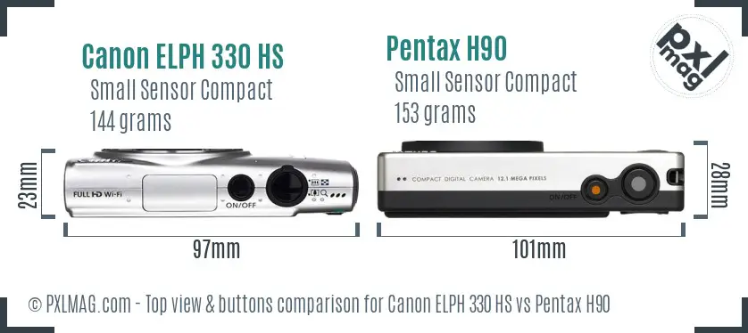 Canon ELPH 330 HS vs Pentax H90 top view buttons comparison