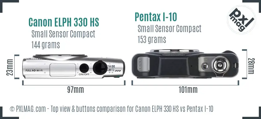 Canon ELPH 330 HS vs Pentax I-10 top view buttons comparison Canon ELPH 330 HS vs Pentax I-10 top view buttons comparison