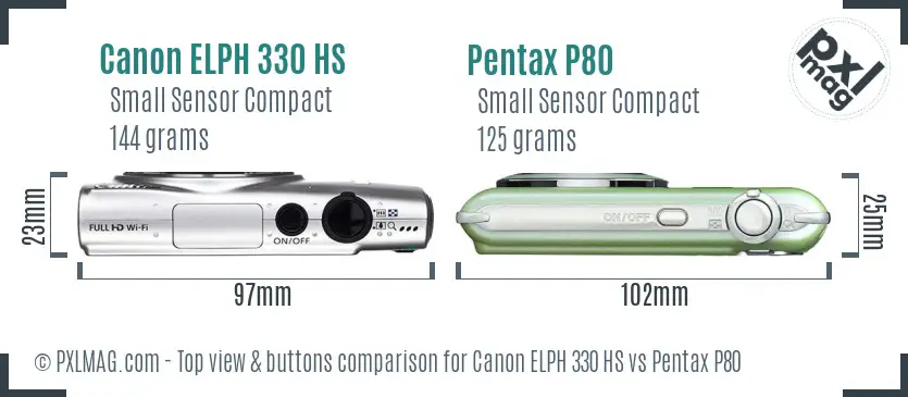 Canon ELPH 330 HS vs Pentax P80 top view buttons comparison