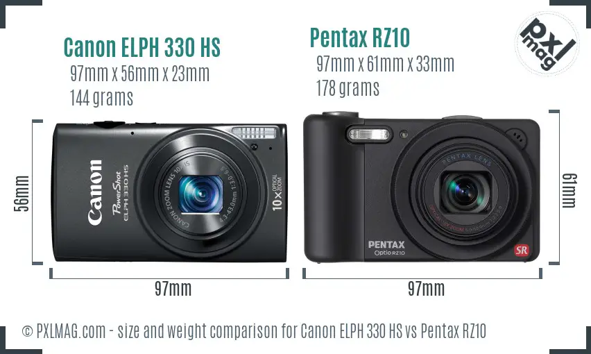 Canon ELPH 330 HS vs Pentax RZ10 size comparison