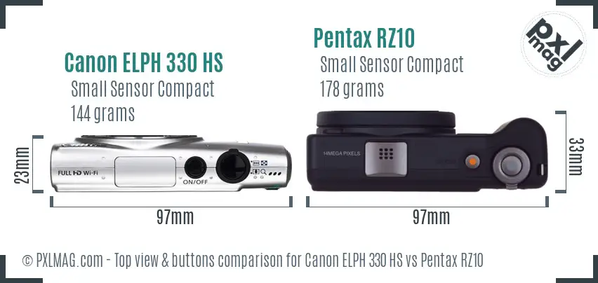 Canon ELPH 330 HS vs Pentax RZ10 top view buttons comparison
