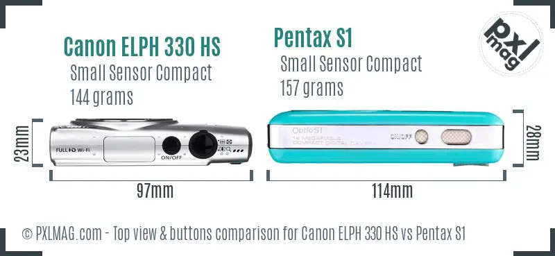 Canon ELPH 330 HS vs Pentax S1 top view buttons comparison