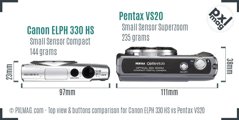 Canon ELPH 330 HS vs Pentax VS20 top view buttons comparison Canon ELPH 330 HS vs Pentax VS20 top view buttons comparison