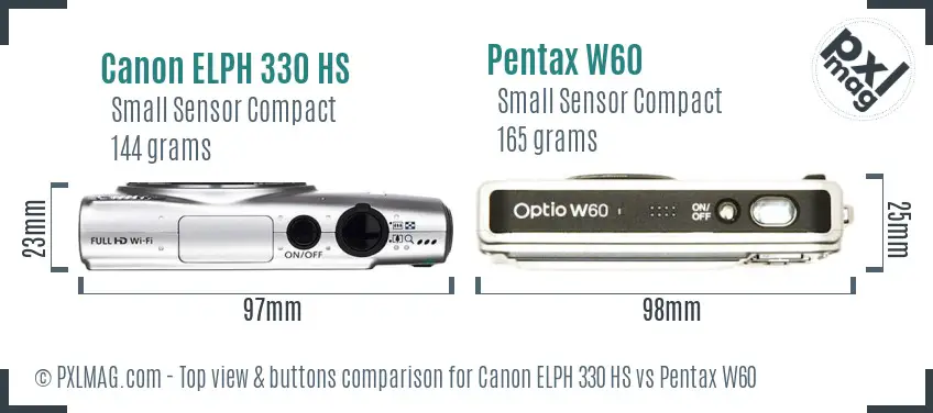 Canon ELPH 330 HS vs Pentax W60 top view buttons comparison Canon ELPH 330 HS vs Pentax W60 top view buttons comparison