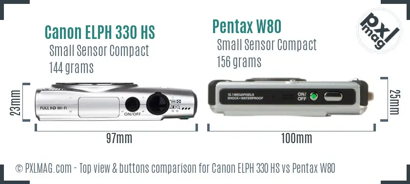 Canon ELPH 330 HS vs Pentax W80 top view buttons comparison