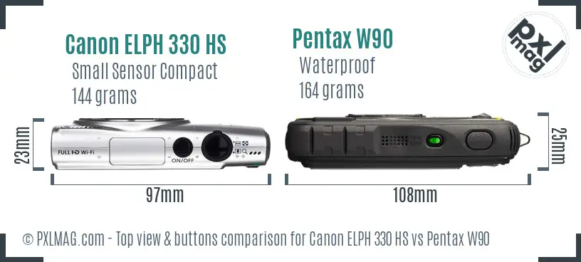 Canon ELPH 330 HS vs Pentax W90 top view buttons comparison