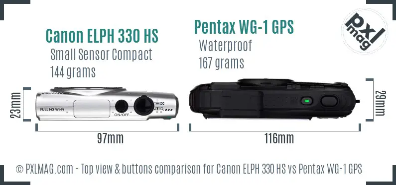 Canon ELPH 330 HS vs Pentax WG-1 GPS top view buttons comparison Canon ELPH 330 HS vs Pentax WG-1 GPS top view buttons comparison
