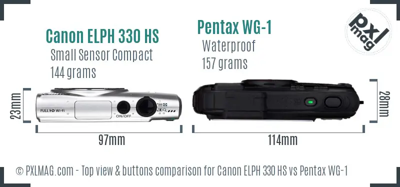 Canon ELPH 330 HS vs Pentax WG-1 top view buttons comparison