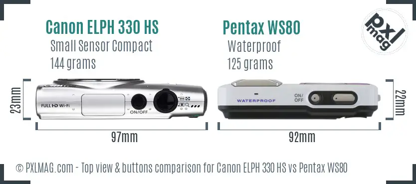 Canon ELPH 330 HS vs Pentax WS80 top view buttons comparison