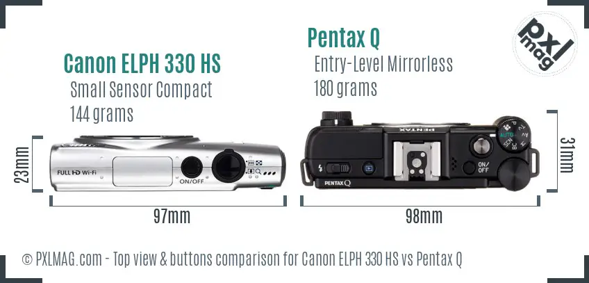Canon ELPH 330 HS vs Pentax Q top view buttons comparison