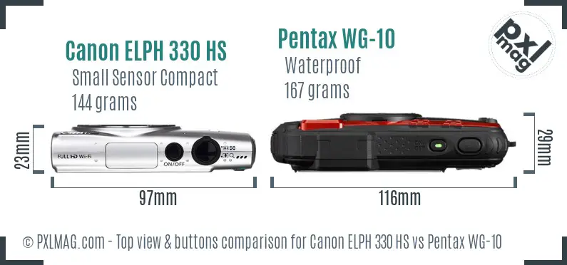 Canon ELPH 330 HS vs Pentax WG-10 top view buttons comparison
