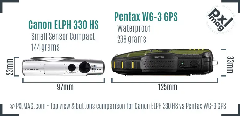 Canon ELPH 330 HS vs Pentax WG-3 GPS top view buttons comparison