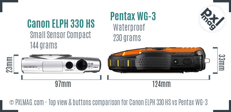 Canon ELPH 330 HS vs Pentax WG-3 top view buttons comparison