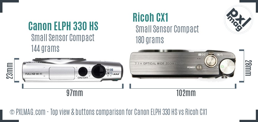 Canon ELPH 330 HS vs Ricoh CX1 top view buttons comparison