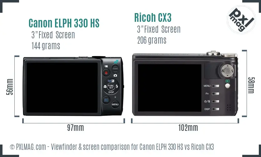 Canon ELPH 330 HS vs Ricoh CX3 Screen and Viewfinder comparison