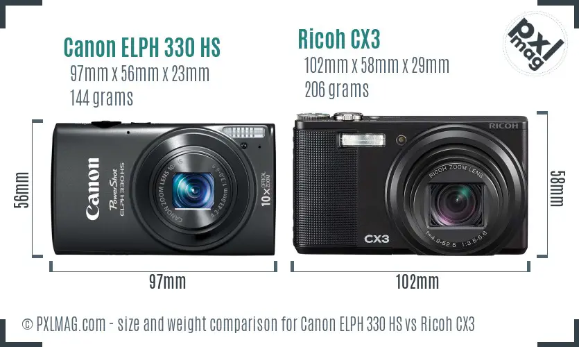 Canon ELPH 330 HS vs Ricoh CX3 size comparison