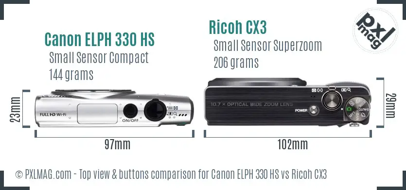 Canon ELPH 330 HS vs Ricoh CX3 top view buttons comparison