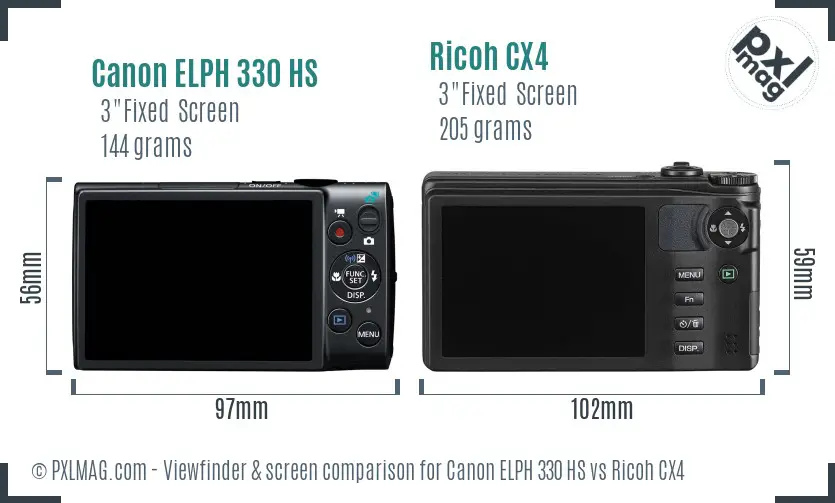 Canon ELPH 330 HS vs Ricoh CX4 Screen and Viewfinder comparison