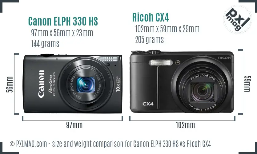 Canon ELPH 330 HS vs Ricoh CX4 size comparison