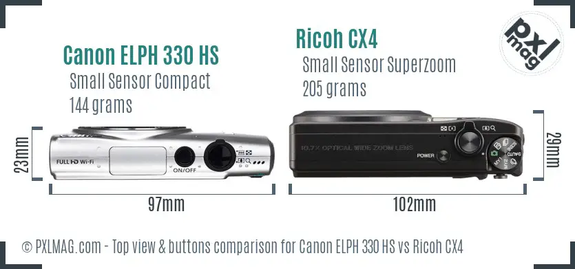 Canon ELPH 330 HS vs Ricoh CX4 top view buttons comparison