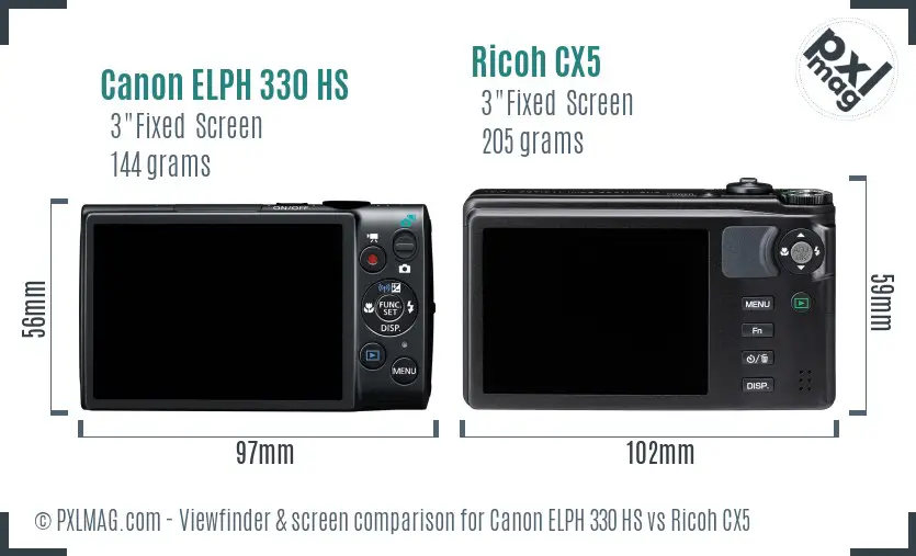 Canon ELPH 330 HS vs Ricoh CX5 Screen and Viewfinder comparison