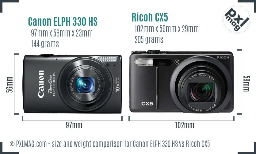 Canon ELPH 330 HS vs Ricoh CX5 size comparison
