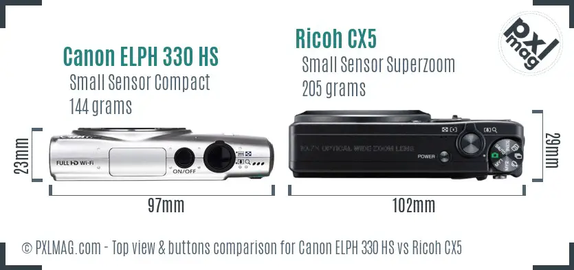Canon ELPH 330 HS vs Ricoh CX5 top view buttons comparison