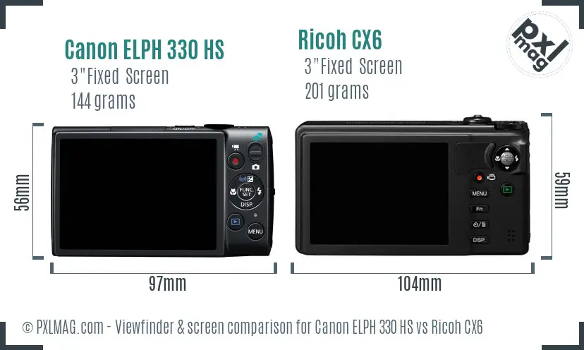 Canon ELPH 330 HS vs Ricoh CX6 Screen and Viewfinder comparison