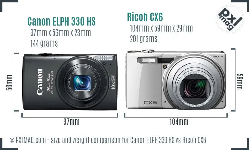Canon ELPH 330 HS vs Ricoh CX6 size comparison