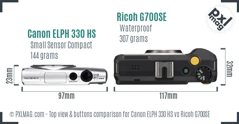 Canon ELPH 330 HS vs Ricoh G700SE top view buttons comparison