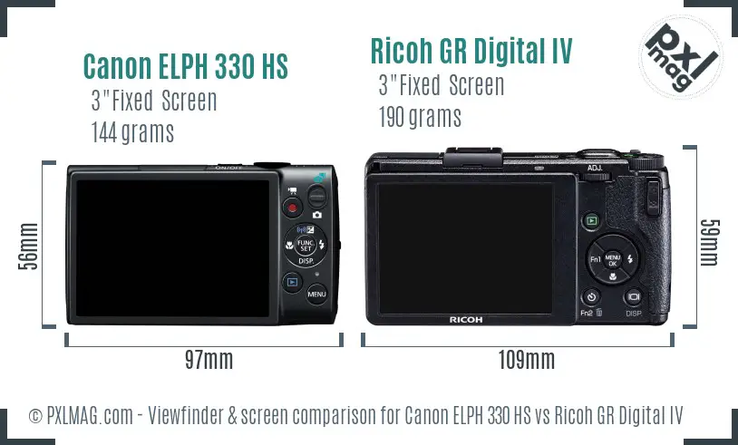 Canon ELPH 330 HS vs Ricoh GR Digital IV Screen and Viewfinder comparison
