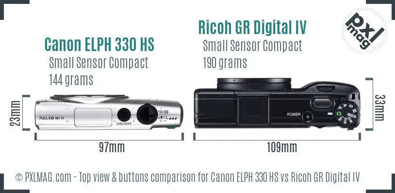 Canon ELPH 330 HS vs Ricoh GR Digital IV top view buttons comparison