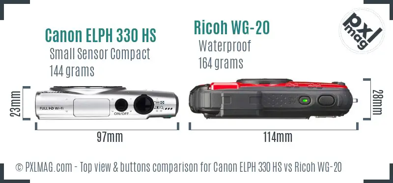 Canon ELPH 330 HS vs Ricoh WG-20 top view buttons comparison