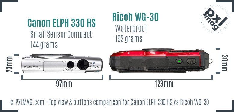 Canon ELPH 330 HS vs Ricoh WG-30 top view buttons comparison