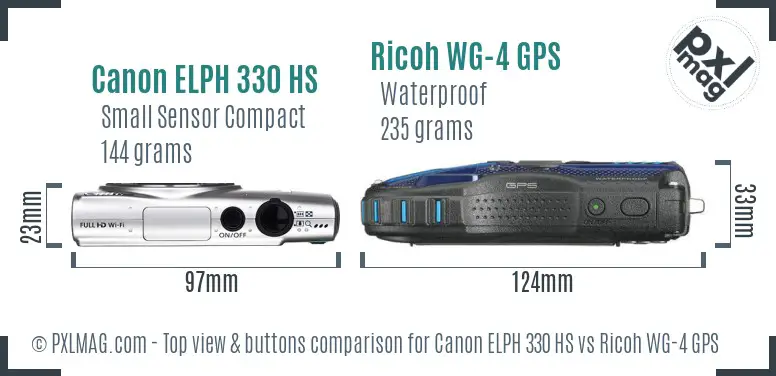 Canon ELPH 330 HS vs Ricoh WG-4 GPS top view buttons comparison