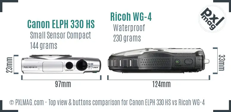 Canon ELPH 330 HS vs Ricoh WG-4 top view buttons comparison Canon ELPH 330 HS vs Ricoh WG-4 top view buttons comparison