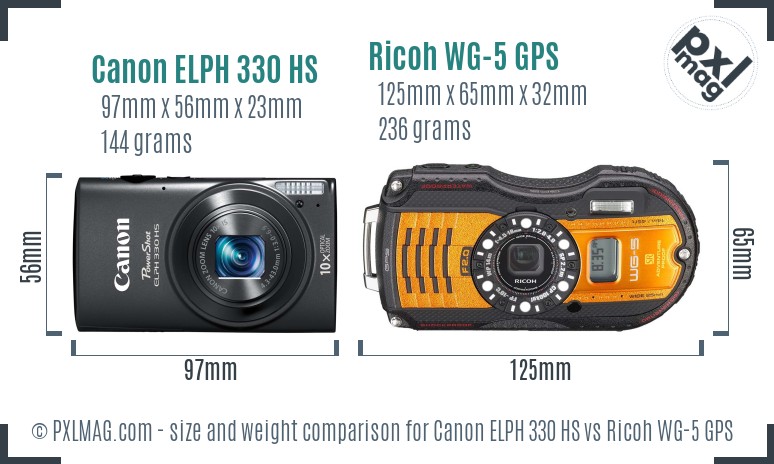 Canon ELPH 330 HS vs Ricoh WG-5 GPS size comparison