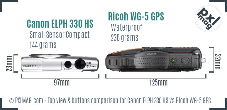 Canon ELPH 330 HS vs Ricoh WG-5 GPS top view buttons comparison